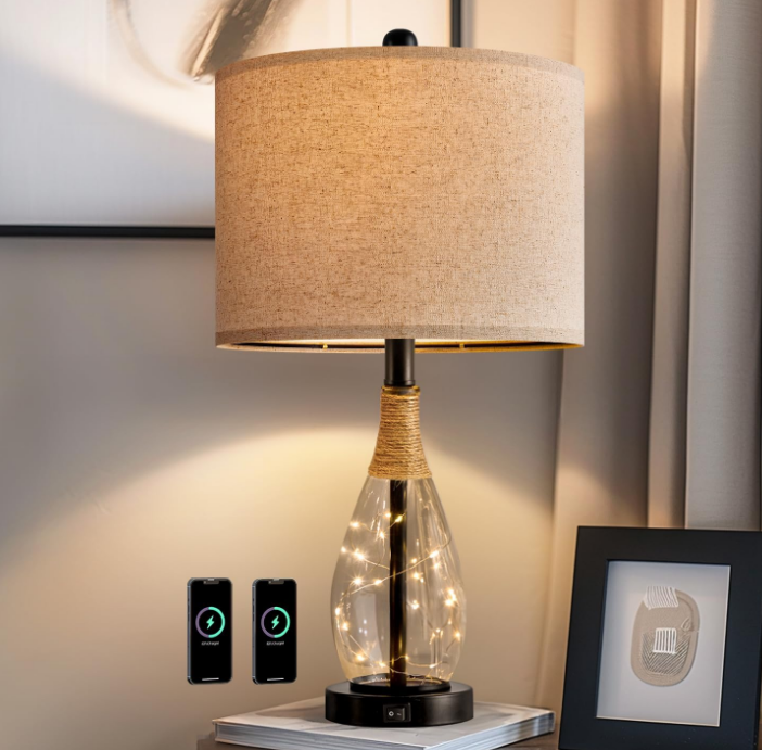 23" USB A+C Table Lamp for Bedroom Living Room Modern Bedside Lamps Retro Farmhouse Rattan Glass Nightstand Nightlight Lamps (Black)
