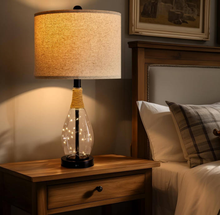 23" USB A+C Table Lamp for Bedroom Living Room Modern Bedside Lamps Retro Farmhouse Rattan Glass Nightstand Nightlight Lamps (Black)