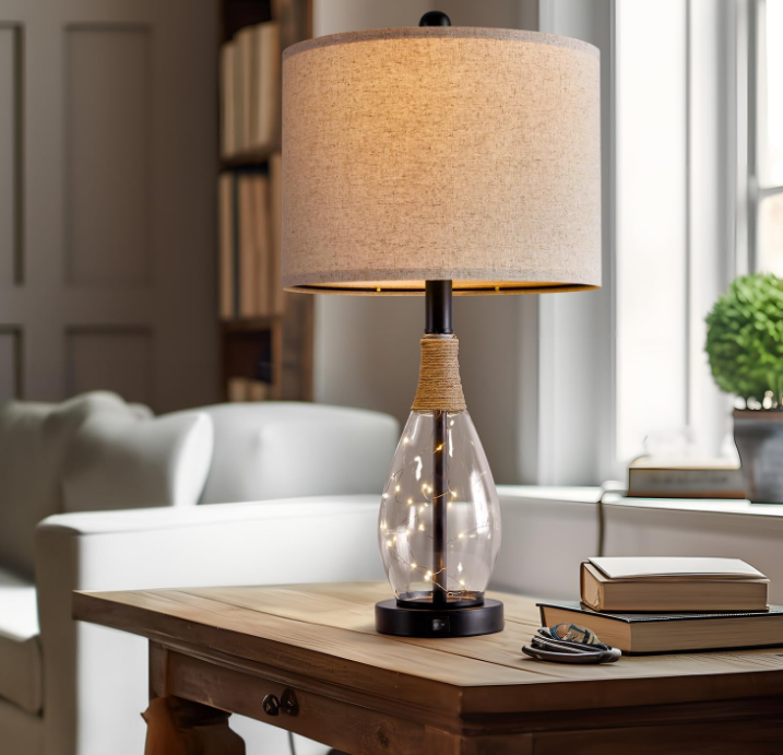 23" USB A+C Table Lamp for Bedroom Living Room Modern Bedside Lamps Retro Farmhouse Rattan Glass Nightstand Nightlight Lamps (Black)