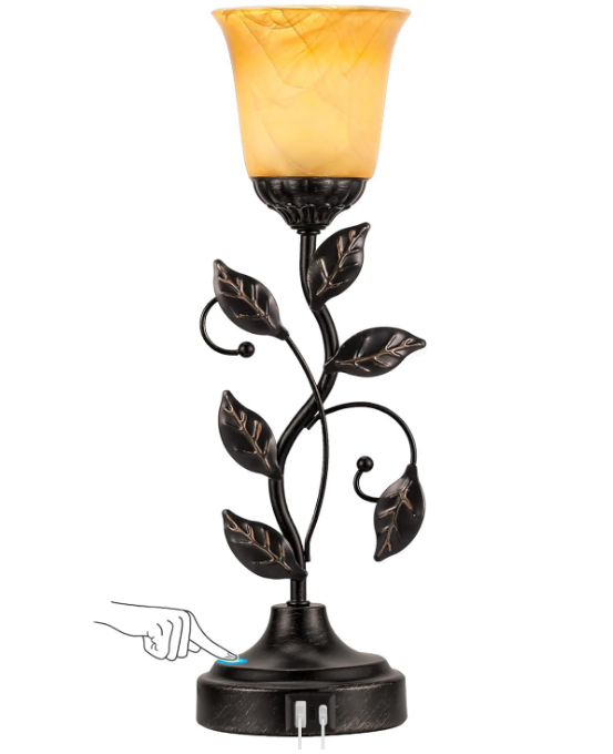 Touch Table Lamp Bedside Lamp, Nightstand Lamp with USB Charging Ports for Living Room, 3 Way Dimmable Traditional Leaf Lamp Retro Table Lamp for Bedroom with Amber Glass Lampshade (LED Bulb Included)