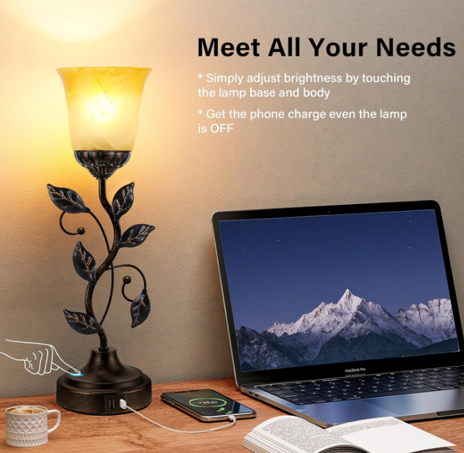 Touch Table Lamp Bedside Lamp, Nightstand Lamp with USB Charging Ports for Living Room, 3 Way Dimmable Traditional Leaf Lamp Retro Table Lamp for Bedroom with Amber Glass Lampshade (LED Bulb Included)