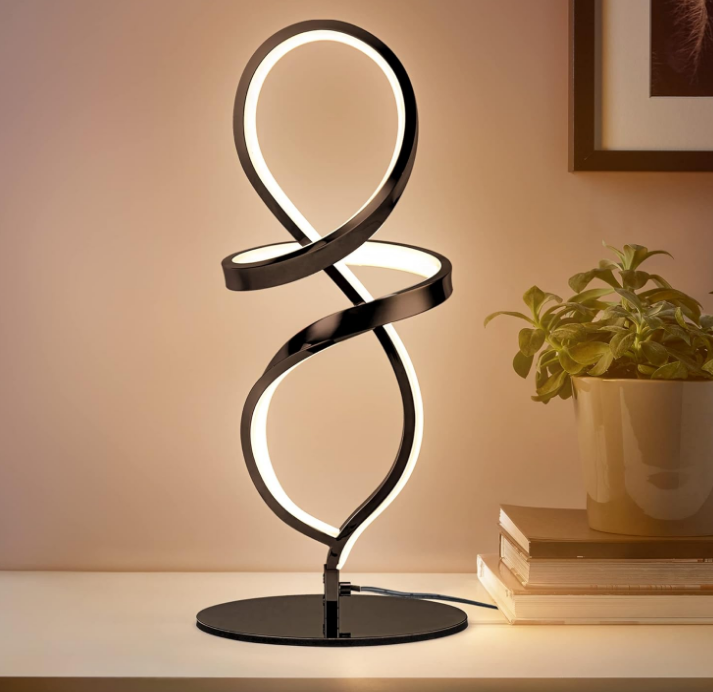 Modern Table Lamp, LED Spiral Lamp, Black Bedside Lamp with Stepless Dimming Switch, Contemporary Nightstand Lamp, LED Lamp for Bedroom Living Room Home Office, 12W, 3200K Warm White