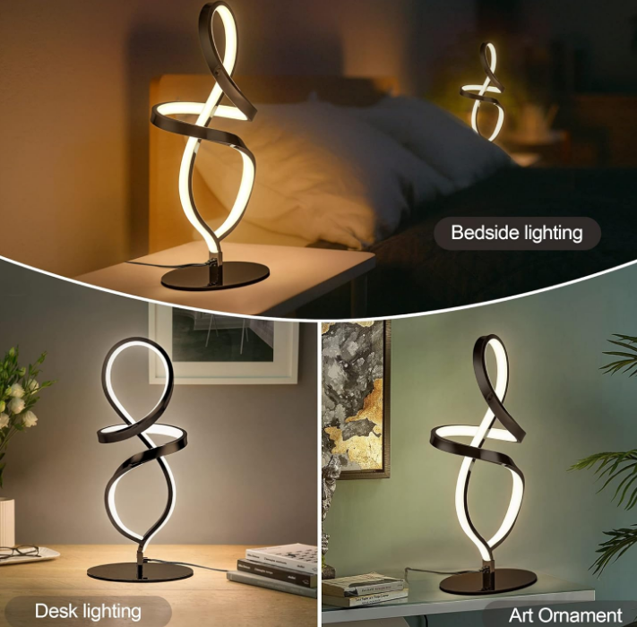 Modern Table Lamp, LED Spiral Lamp, Black Bedside Lamp with Stepless Dimming Switch, Contemporary Nightstand Lamp, LED Lamp for Bedroom Living Room Home Office, 12W, 3200K Warm White