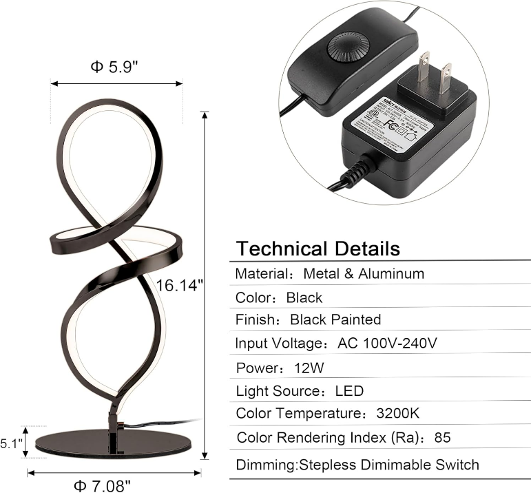Modern Table Lamp, LED Spiral Lamp, Black Bedside Lamp with Stepless Dimming Switch, Contemporary Nightstand Lamp, LED Lamp for Bedroom Living Room Home Office, 12W, 3200K Warm White