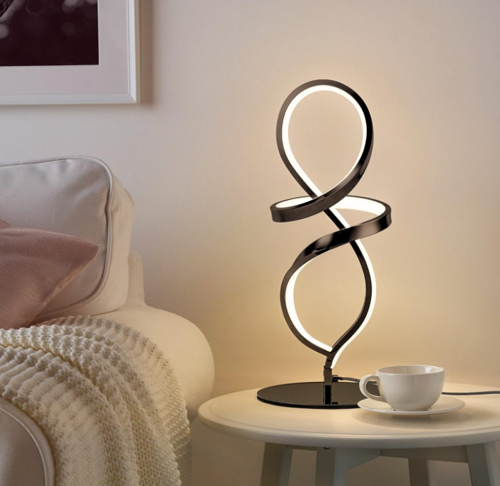 Modern Table Lamp, LED Spiral Lamp, Black Bedside Lamp with Stepless Dimming Switch, Contemporary Nightstand Lamp, LED Lamp for Bedroom Living Room Home Office, 12W, 3200K Warm White