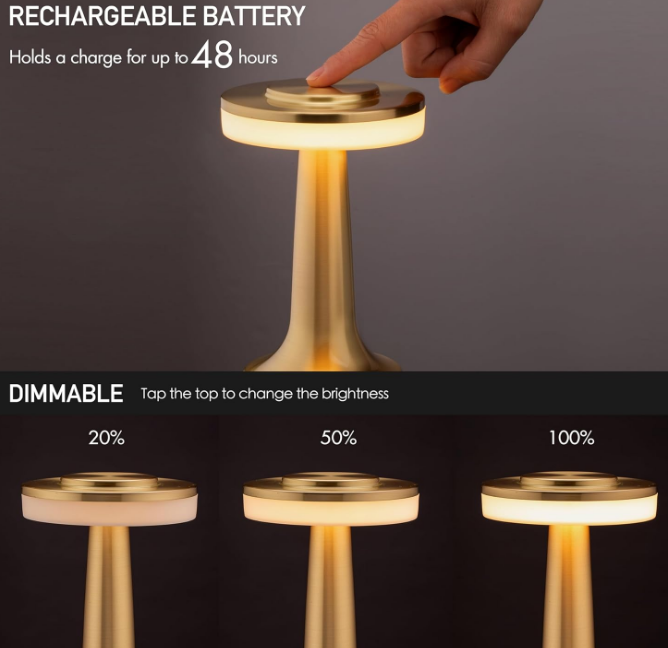 Portable LED Table Lamp with Touch Sensor, 3-Levels Brightness, Rechargeable Battery Up to 48 Hours Usage, Night Light for Kids Nursery, Nightstand Lamp, Bedside Lamp (Gold)