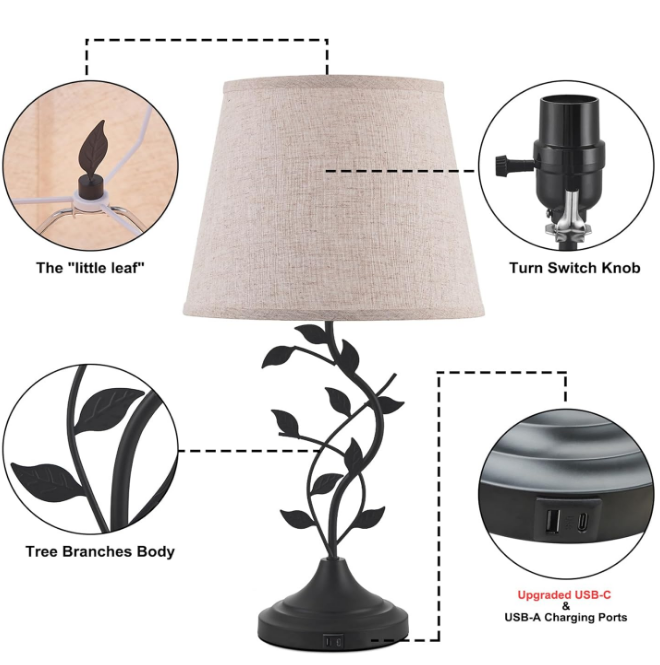 USB Charging Bedside Nightstand Lamp for Living Room and Bedroom - Traditional Tall Retro Desk Lamp with USB-A and USB-C Ports