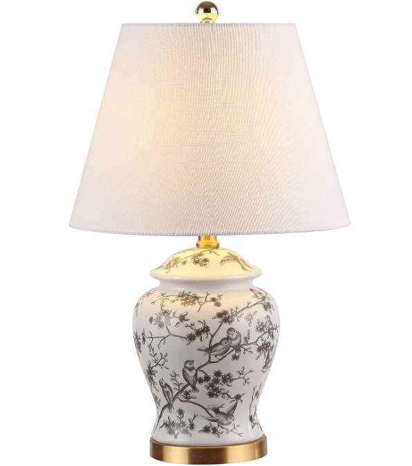 Chinoiserie Classic LED Table Lamp Cottage Traditional Bedside Desk Nightstand for Bedroom Living Room Office College Bookcase LED Bulb Included, Gray/White