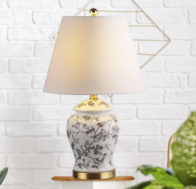 Chinoiserie Classic LED Table Lamp Cottage Traditional Bedside Desk Nightstand for Bedroom Living Room Office College Bookcase LED Bulb Included, Gray/White
