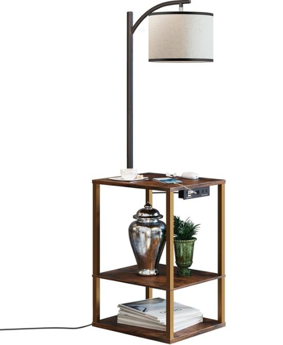 Rustic End Table Lamp with Table, Shelves, Charging Station(USB & AC Port) 3-Color Temperature LED Bulb For Floor, Living Room &, Bedroom(Brown)