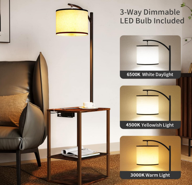 Rustic End Table Lamp with Table, Shelves, Charging Station(USB & AC Port) 3-Color Temperature LED Bulb For Floor, Living Room &, Bedroom(Brown)