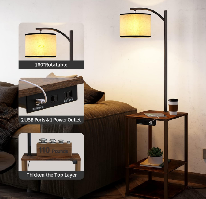 Rustic End Table Lamp with Table, Shelves, Charging Station(USB & AC Port) 3-Color Temperature LED Bulb For Floor, Living Room &, Bedroom(Brown)