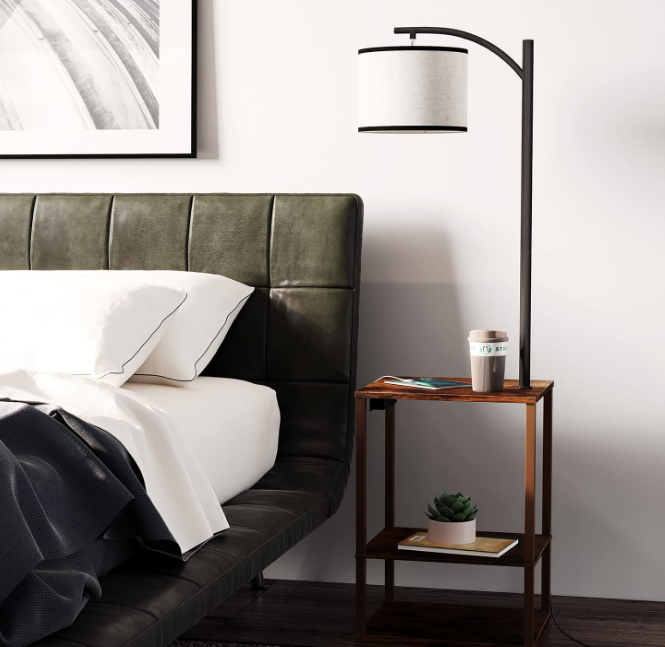 Rustic End Table Lamp with Table, Shelves, Charging Station(USB & AC Port) 3-Color Temperature LED Bulb For Floor, Living Room &, Bedroom(Brown)
