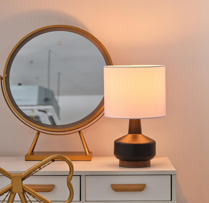 Globe Electric 61000046 15" Ceramic Table Lamp, Matte Black, Wood Toned Base, White Linen Shade, On/Off Rotary Switch on Socket, Living Room, Home Décor, Bedroom