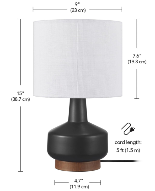 Globe Electric 61000046 15" Ceramic Table Lamp, Matte Black, Wood Toned Base, White Linen Shade, On/Off Rotary Switch on Socket, Living Room, Home Décor, Bedroom