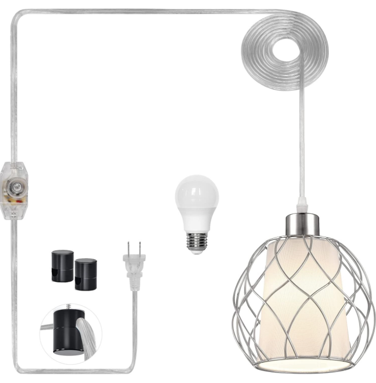 Plug in Pendant Light,Hanging Light with Plug in Cord,Silver Hanging Lamp with Dimmable Switch,15 ft Cotton Cord,Hanging Light Fixture for Kitchen Island Living Room Bedroom (Bulb Included)