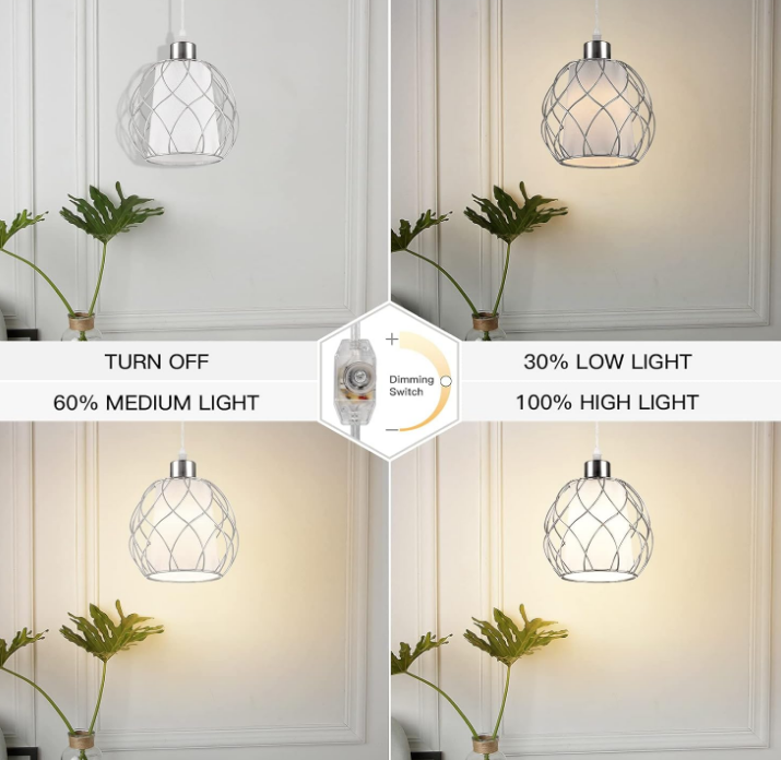 Plug in Pendant Light,Hanging Light with Plug in Cord,Silver Hanging Lamp with Dimmable Switch,15 ft Cotton Cord,Hanging Light Fixture for Kitchen Island Living Room Bedroom (Bulb Included)