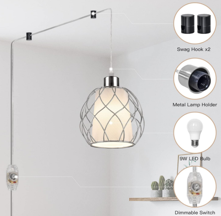 Plug in Pendant Light,Hanging Light with Plug in Cord,Silver Hanging Lamp with Dimmable Switch,15 ft Cotton Cord,Hanging Light Fixture for Kitchen Island Living Room Bedroom (Bulb Included)