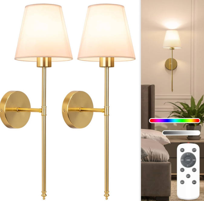 Battery Operated Wall Sconce Set of 2,Gold Rechargeable Wall Lights with 5200mAh Dimmable Detachable Bulbs and Remote,10 Colors Wireless Sconces for Bedroom Living Room Hallway