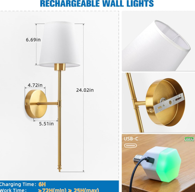Battery Operated Wall Sconce Set of 2,Gold Rechargeable Wall Lights with 5200mAh Dimmable Detachable Bulbs and Remote,10 Colors Wireless Sconces for Bedroom Living Room Hallway