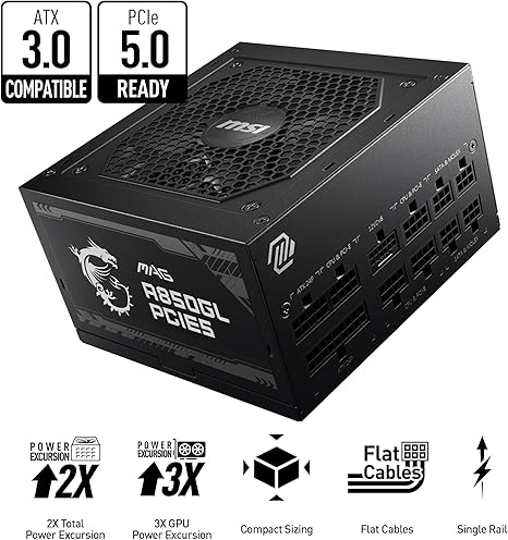 MSI MAG A850GL PCIE 5 & ATX 3.0 Gaming Power Supply - Full Modular - 80 Plus Gold Certified 850W - Compact Size - ATX PSU