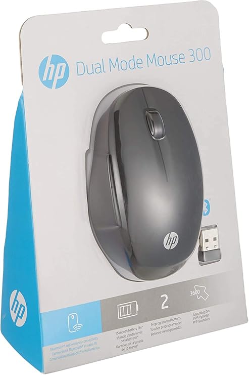 HP 300 Dual Mode Black Mouse, Switch Between Two PCs via Bluetooth or 2.4 GHz Wireless, Smart TV Connectivity, 1200 to 3600 Adjustable DPI (6CR71AA)