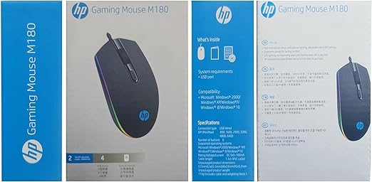 HP M180 7 Color LED 1600DPi 4 Button Optical Mouse Gaming, Black