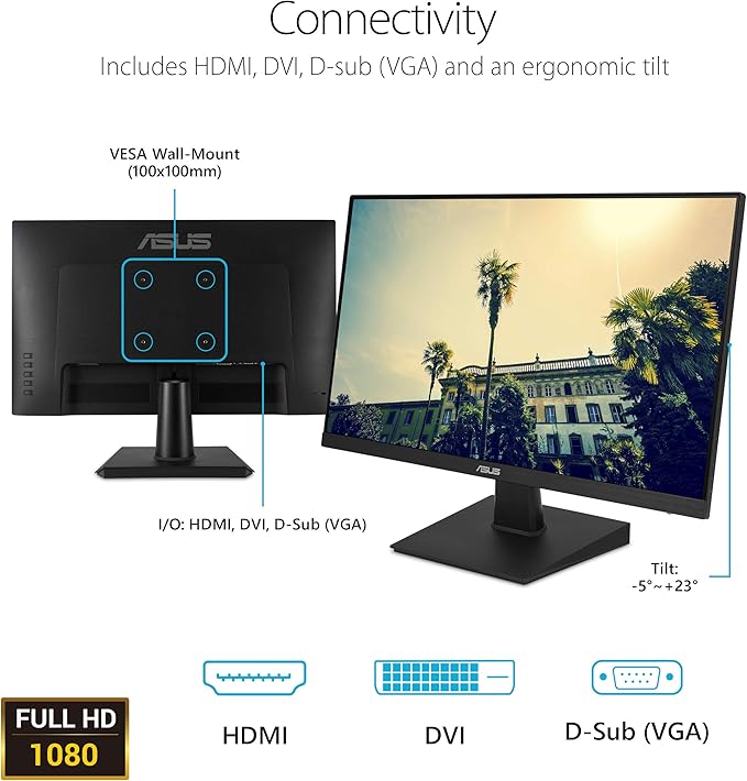ASUS VA24EHE Eye Care Monitor – 24 inch (23.8 inch viewable), Full HD, IPS, Frameless, 75Hz, Adaptive-Sync/FreeSync, Low Blue Light, Flicker Free, Wall Mountable