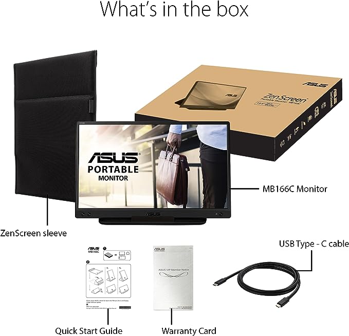 ASUS ZenScreen MB166C Portable USB Monitor- 15.6 inch, Full HD, IPS, USB Type-C, Flicker Free, Blue Light Filter, Anti-glare surface