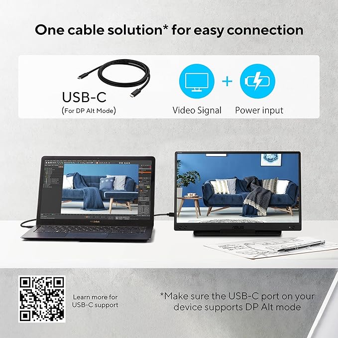 ASUS ZenScreen MB166C Portable USB Monitor- 15.6 inch, Full HD, IPS, USB Type-C, Flicker Free, Blue Light Filter, Anti-glare surface