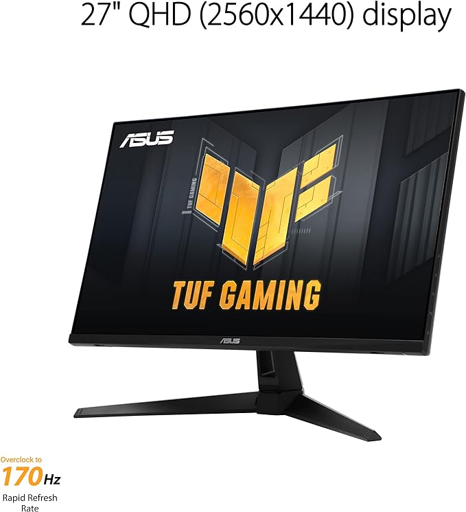 ASUS TUF Gaming 27 Inch 1440P Monitor VG27AQA1A - QHD (2560 x 1440), 170Hz (Supports 144Hz), 1ms, Extreme Low Motion Blur, Freesync Premium, Eye Care, HDMI, DisplayPort, Shadow Boost, Speakers, HDR