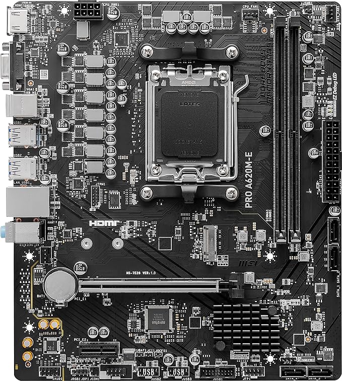  MSI PRO A620M-E ProSeries Motherboard (AMD AM5, DDR5, PCIe 4.0, SATA 6Gb/s, M.2, USB 3.2 Gen 1, Gbps LAN, DVI/HDMI, mATX)