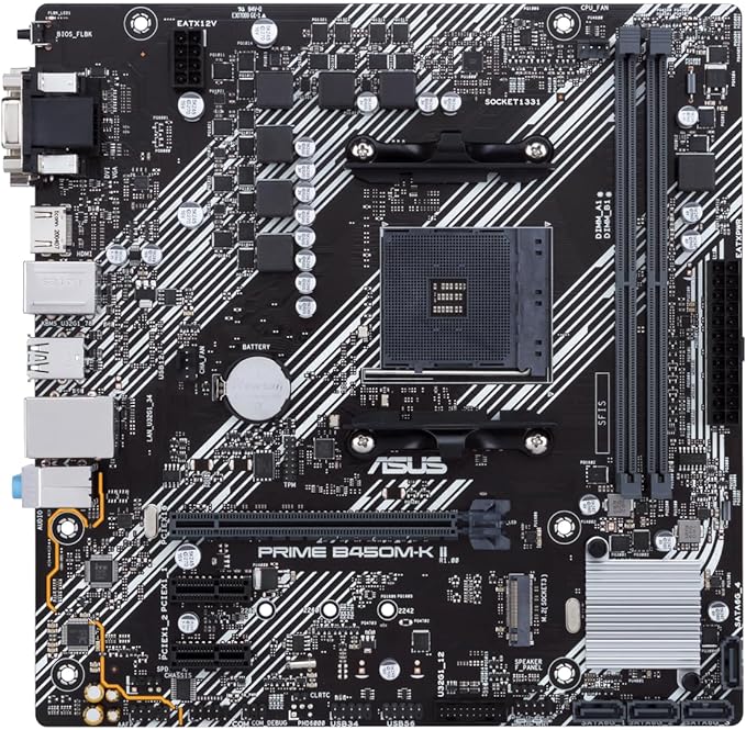  ASUS Prime B450M-K II (AMD AM4 Socket for AMD Ryzen 5000/4000/ 3rd/2nd/1st Gen) Micro ATX Motherboard with M.2 Support HDMI/DVI-D/D-Sub SATA 6 Gbps 1 Gb Ethernet USB 3.2 Gen 1 Type-A, BIOS Flashback