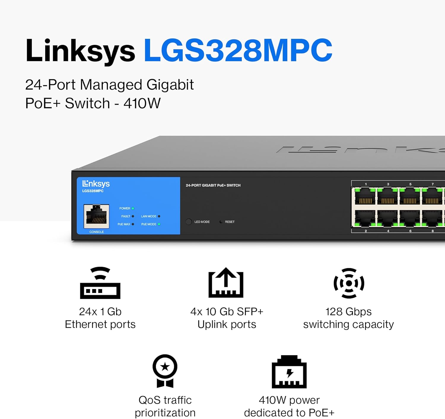 24-Port Managed Gigabit PoE+ Switch with 4 10G SFP+ Uplinks 410W TAA Compliant LGS328MPC