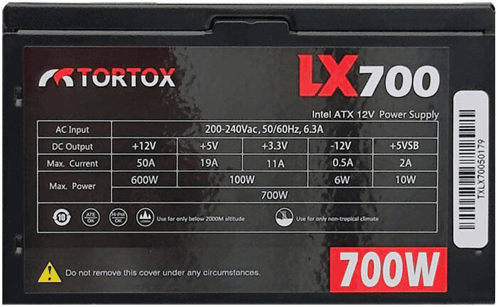 Tortox LX700 Non Modular Power Supply, 700W Power, 2x IDE Interface, High Frequency Low Resistance Filter Capacitor, Built-in PFC, ATX 12V, Hydraulic Bearing Fan, 120mm Fan, Black | LX700