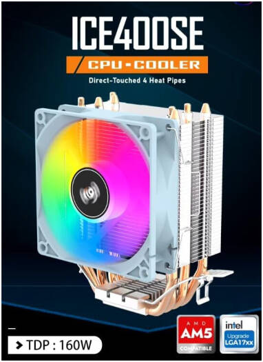 Aigo ICE 400 SE CPU Air Cooler, 1800 RPM Fan Speed, 42CFM Fan Airflow, 21.05dB Noise Level, 7 Blade Fans, RGB Lighting, 4x Copper Heat Pipes, TDP 160W, PWM Control, Blue | ICE400SE