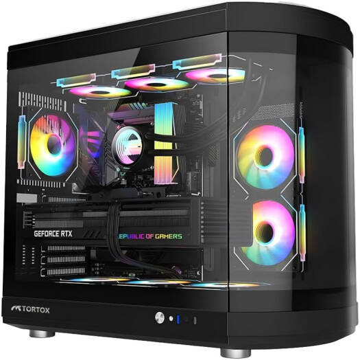 Tortox Vidrio ATX Full Tower Case, 6x Pre-Installed ARGB PWM Fans, Up to 360mm Radiator Support & 9x Fan Support, Semi Curved Tempered Glass, Dust Proof Filter, SPCC Material, Black | VIDRIOB