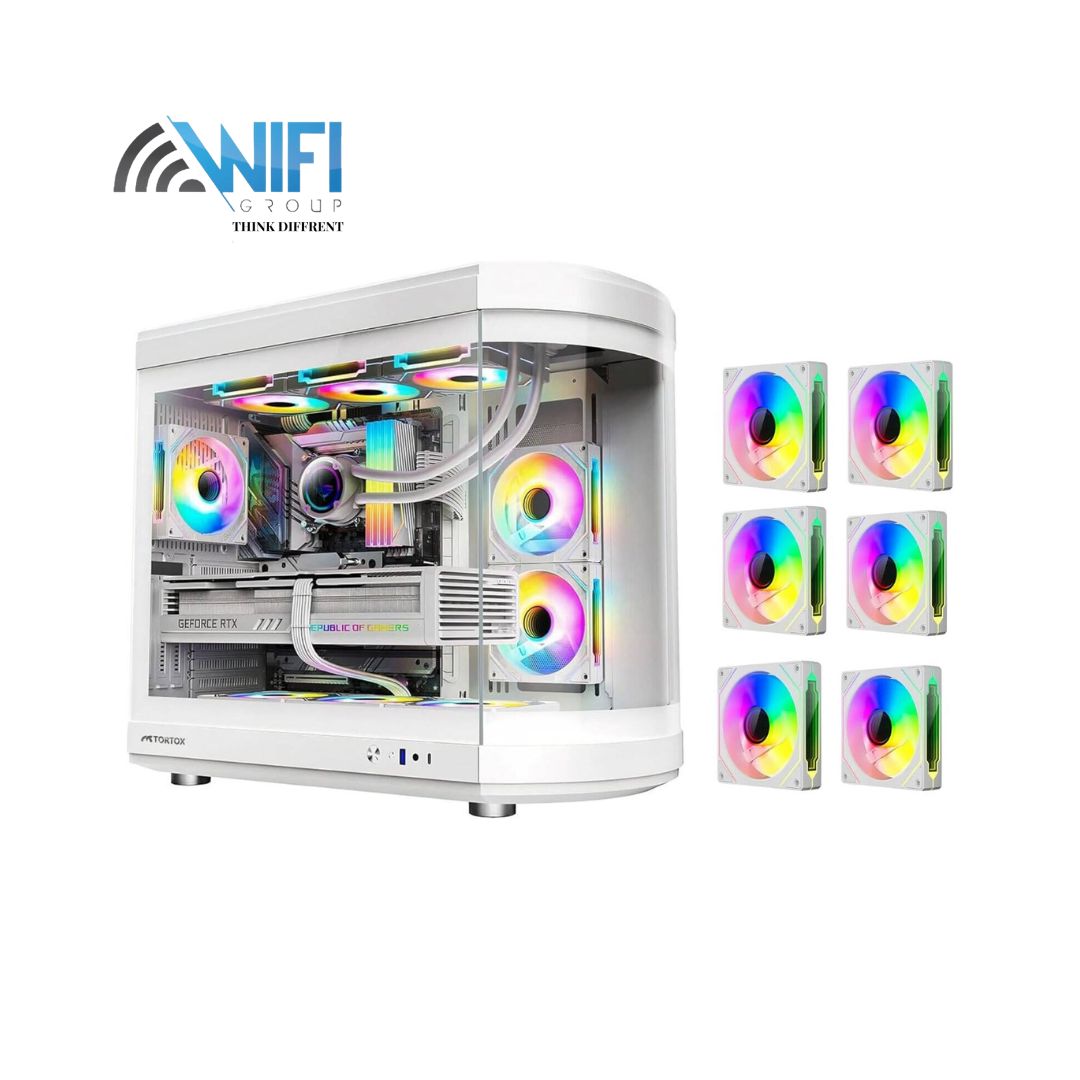 Tortox Vidrio ATX Full Tower Case, 6x Pre-Installed ARGB PWM Fans, Up to 360mm Radiator Support & 9x Fan Support, Semi Curved Tempered Glass, Dust Proof Filter, SPCC Material, White | VIDRIOW