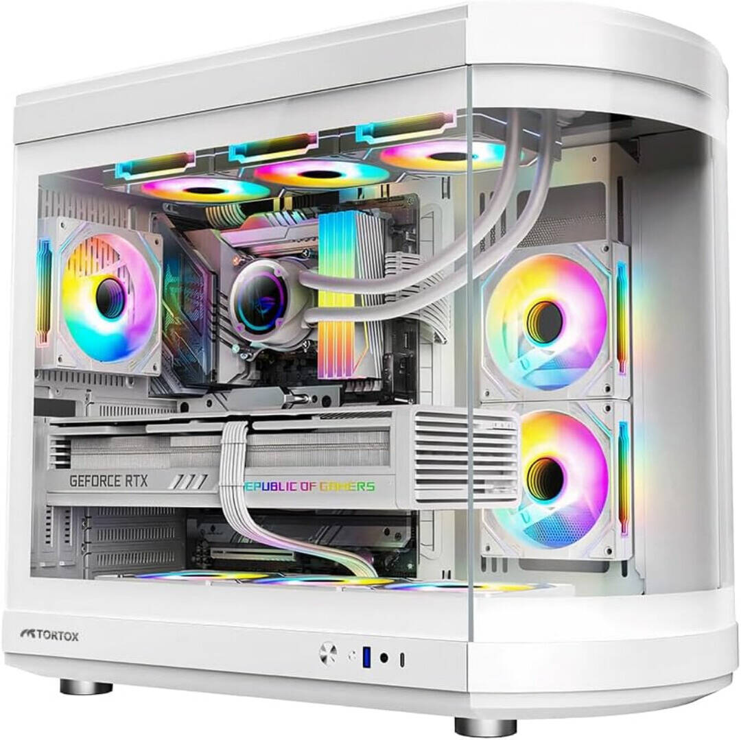 Tortox Vidrio ATX Full Tower Case, 6x Pre-Installed ARGB PWM Fans, Up to 360mm Radiator Support & 9x Fan Support, Semi Curved Tempered Glass, Dust Proof Filter, SPCC Material, White | VIDRIOW