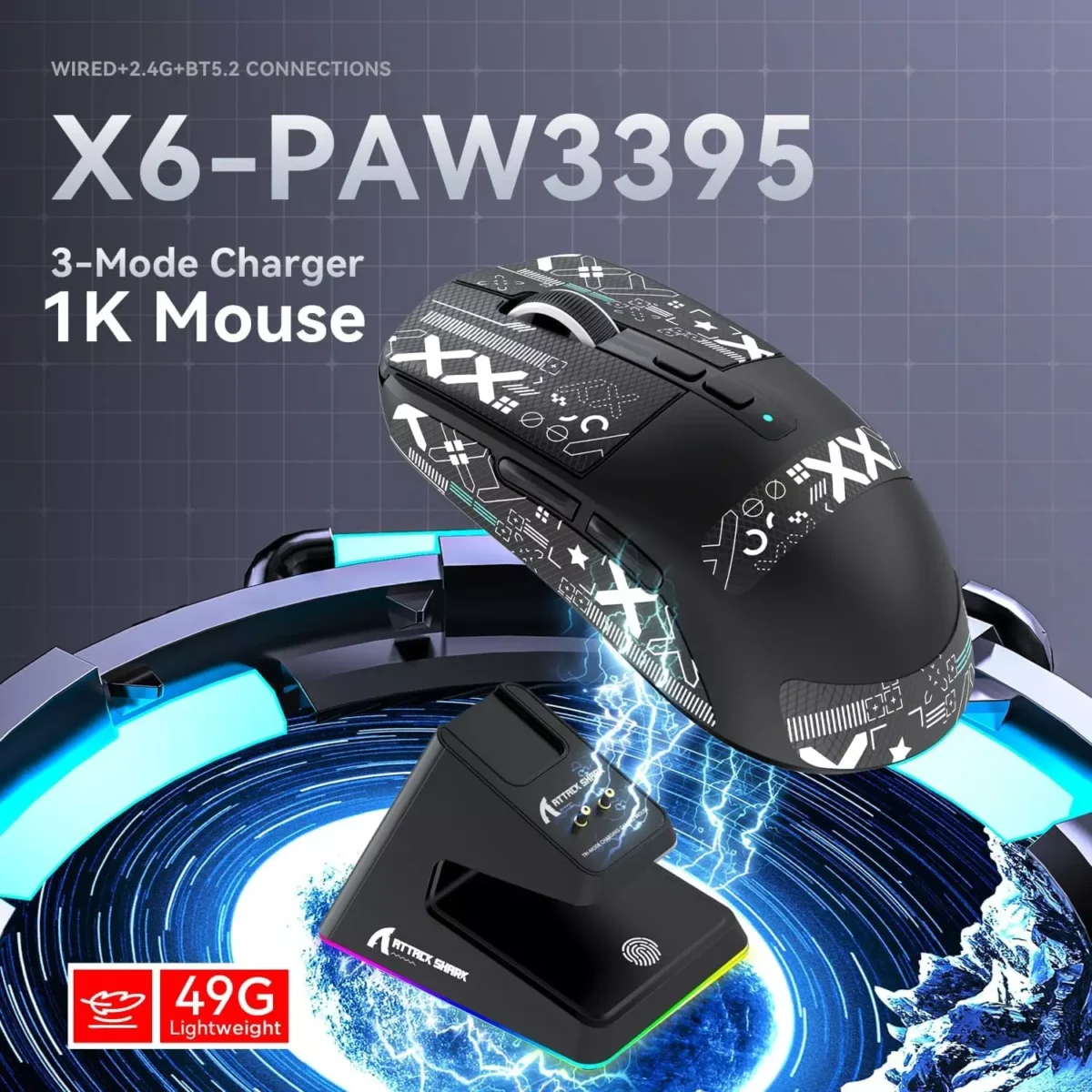 ATTACK SHARK X6 Tri-Mode Wired/Wireless 2.4GHz/BT5.2Gaming Mouse with
