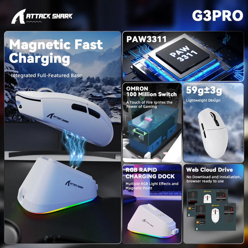 Attack Shark G3PRO lightweight three-mode mouse white