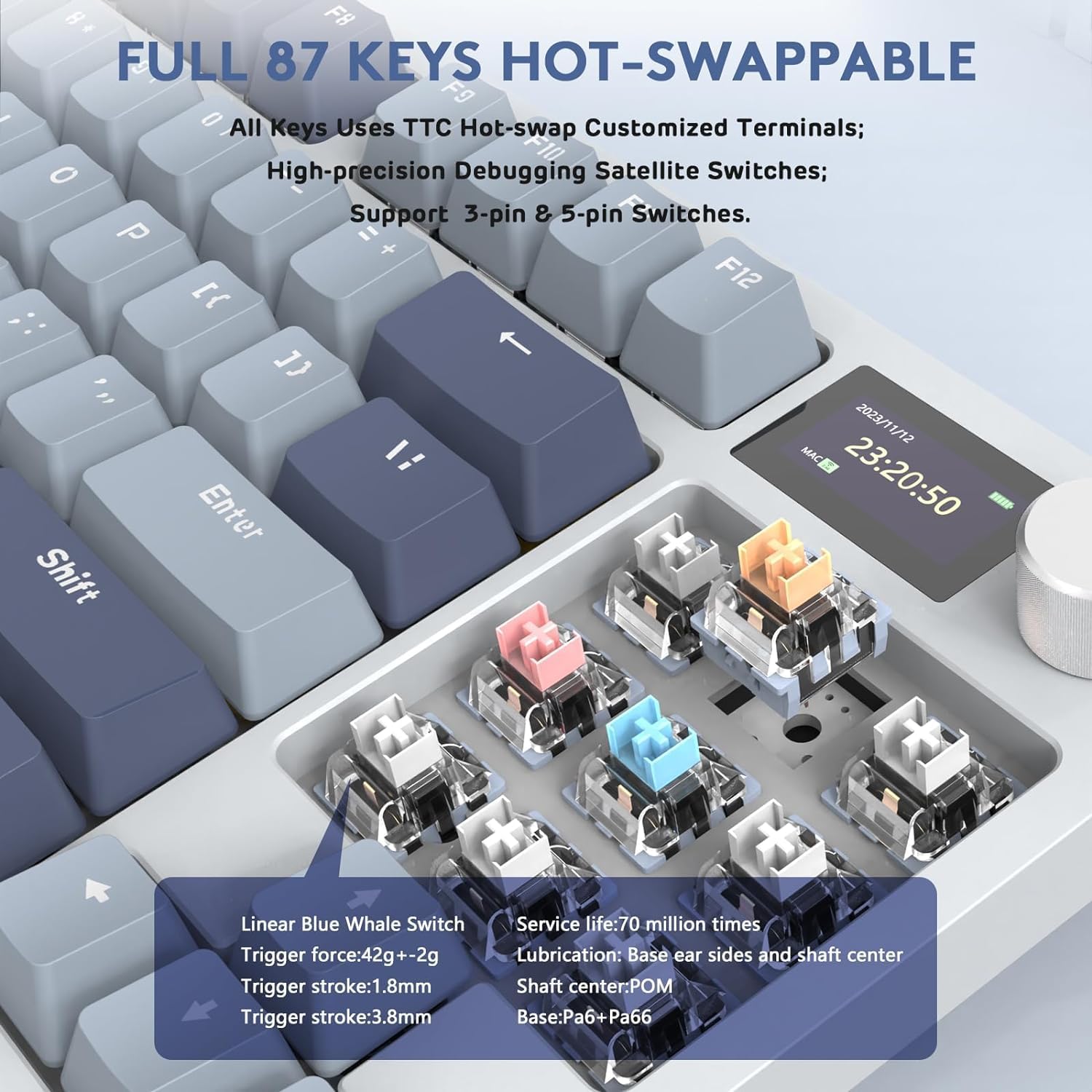 Attack Shark K86 Three mode RGB Display guest -made heat plug -in mechanical keyboard Lavender blue whale