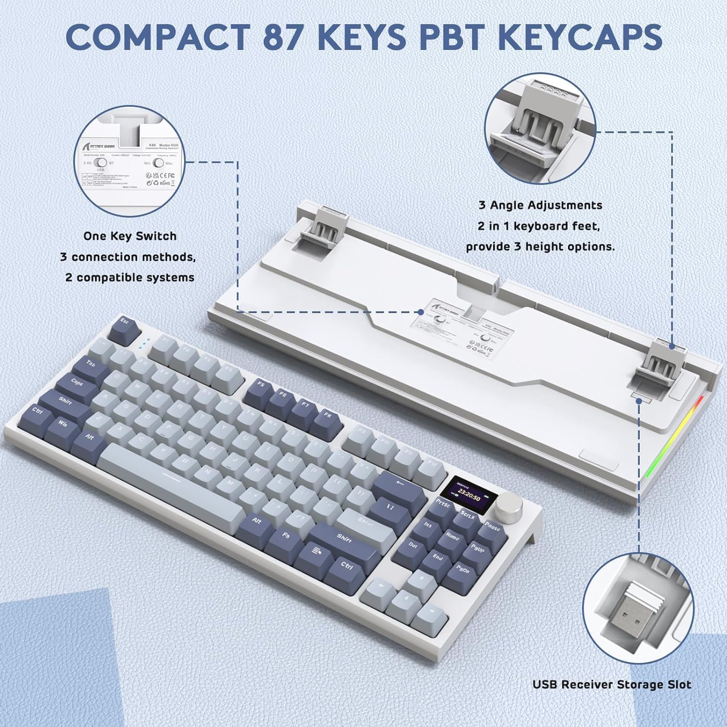 Attack Shark K86 Three mode RGB Display guest -made heat plug -in mechanical keyboard Lavender blue whale