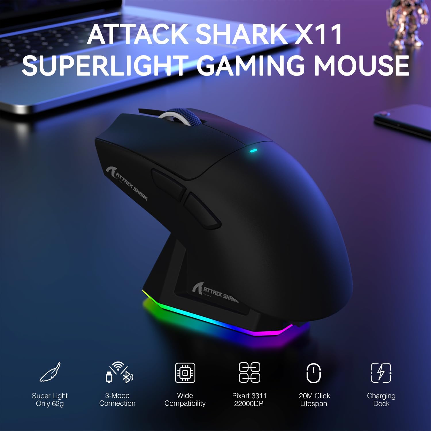 ATTACK SHARK X11 Lightweight Tri-Mode Wireless 2.4G/USB-C Wired/BT Gaming Mouse with RGB Charging Dock ,22K DPI,PAW3311 Optical Sensor (Black)