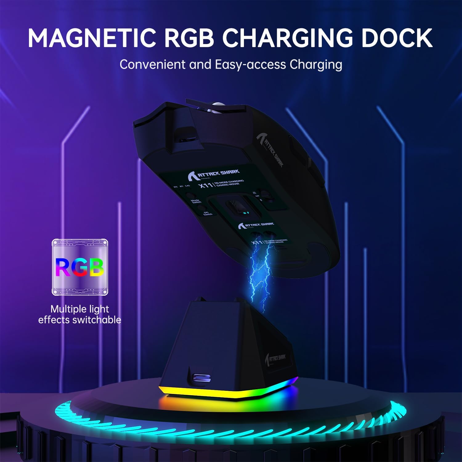 ATTACK SHARK X11 Lightweight Tri-Mode Wireless 2.4G/USB-C Wired/BT Gaming Mouse with RGB Charging Dock ,22K DPI,PAW3311 Optical Sensor (Black)