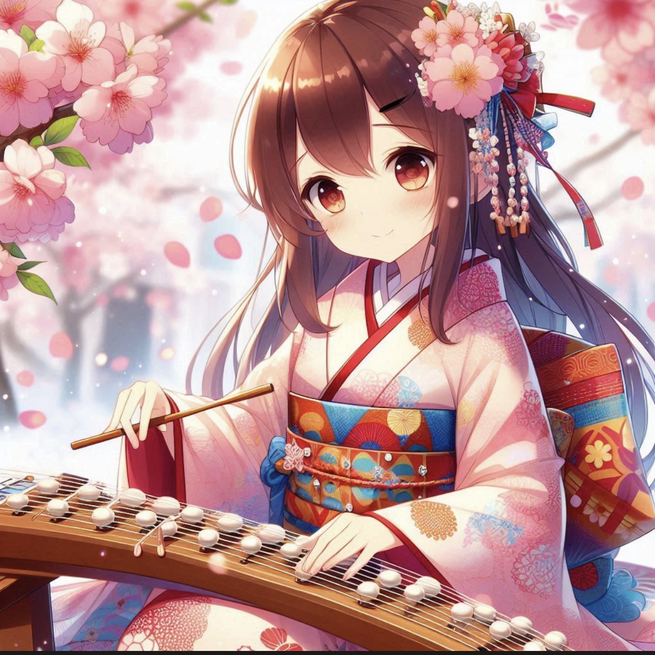 Traditional Japanese Koto Musical Figurine Anime Print