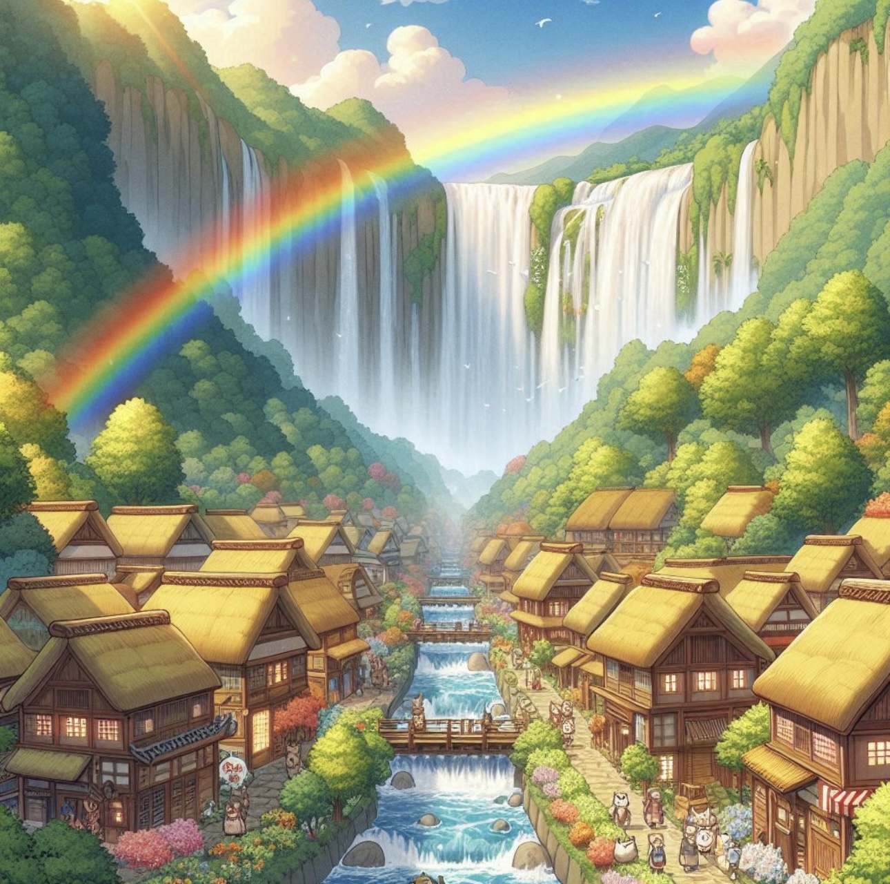 Scenic Waterfall Village Print