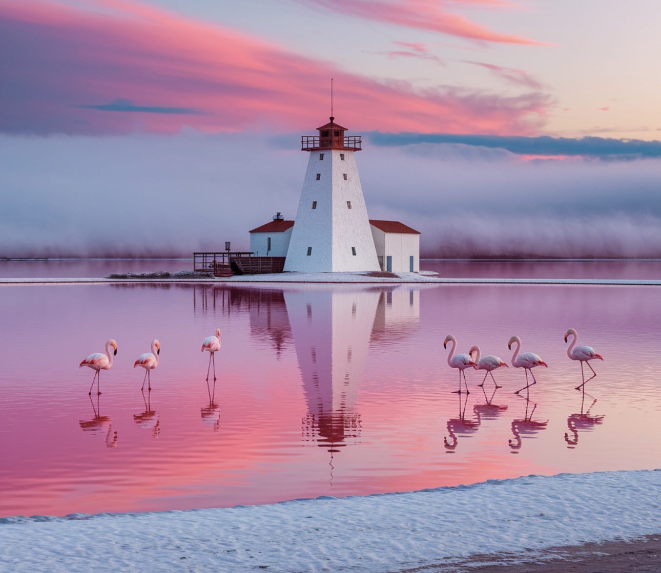 Lighthouse and Flamingos Photography Print