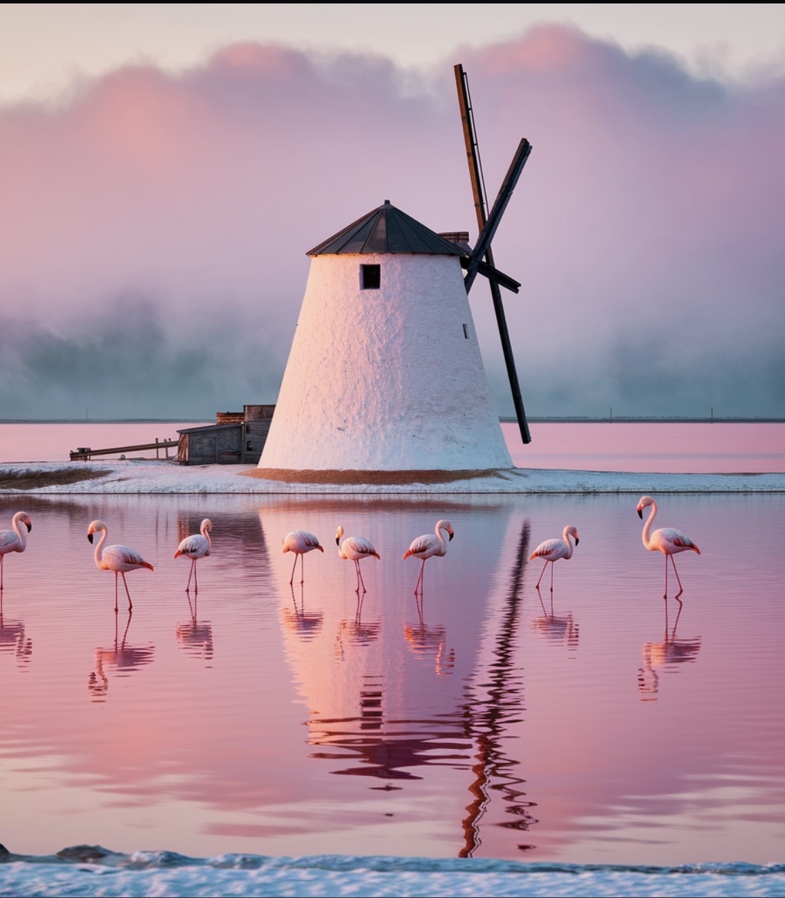 Windmill and Flamingos Print