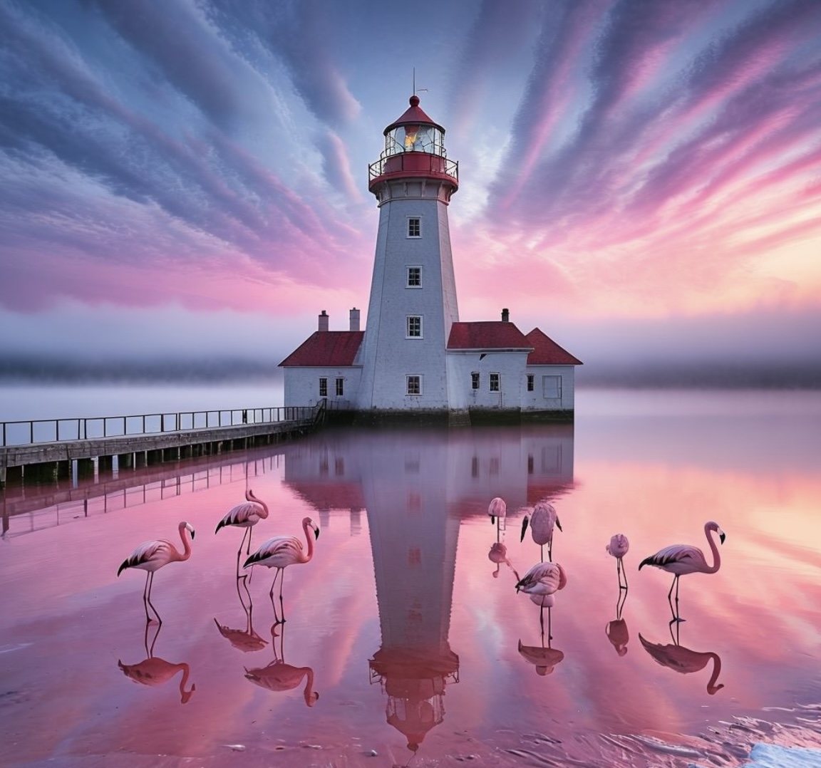 Lighthouse with Flamingos Print